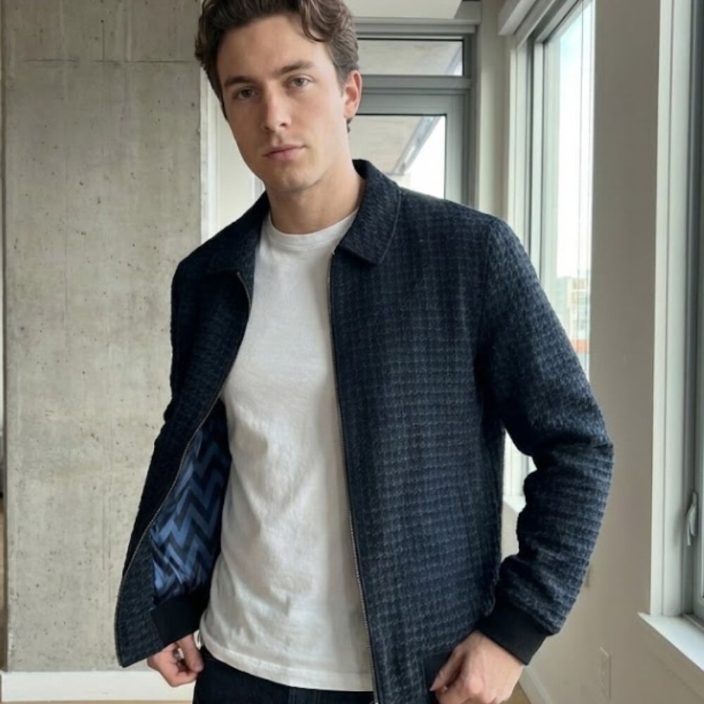Garrison Bespoke Navy Bomber Jacket (Houndstooth)